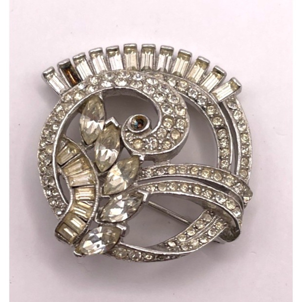 Vintage Unsigned Art Deco Rhinestone Brooch Baguette Marquise Clear READ